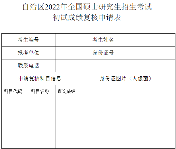 新疆自治区2022年全国硕士研究生招生考试初试成绩复核申请表.png 新疆自治区2022年全国硕士研究生招生考试初试成绩复核申请表.png