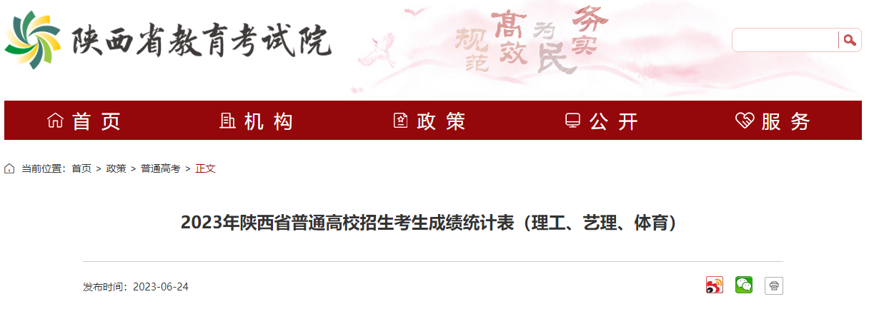 2023年陕西省普通高校招生考生成绩统计表（理工、艺理、体育）