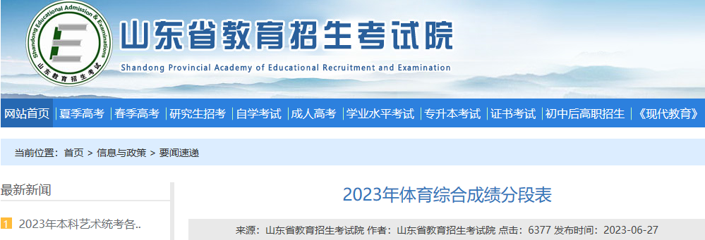 山东省2023年体育综合成绩分段表