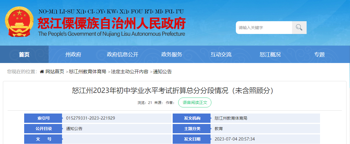 怒江州2023年初中学业水平考试折算总分分段情况