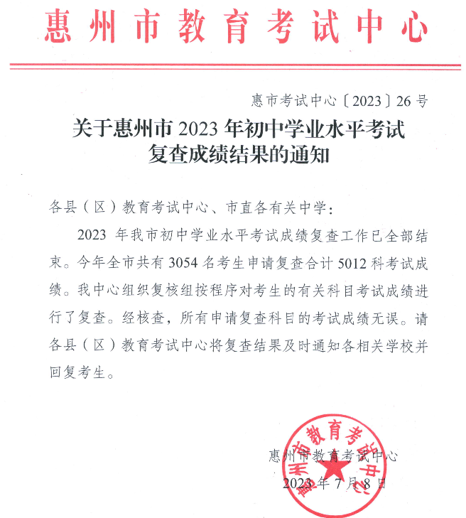 广东惠州2023年<a href='https://www.wddqw.com/c_103.html' target='_blank'>中考</a>复查成绩结果的通知 