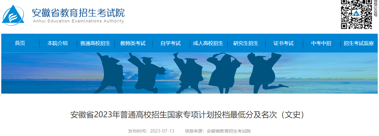 安徽省2023年普通高校招生国家专项计划投档最低分及名次（文史）
