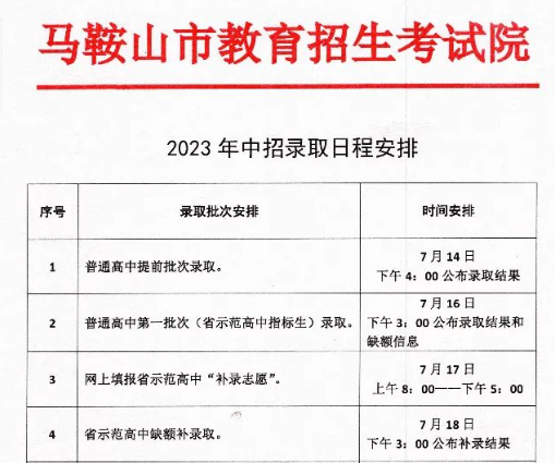 2023年安徽马鞍山中招录取日程安排2023年安徽马鞍山中招录取日程安排