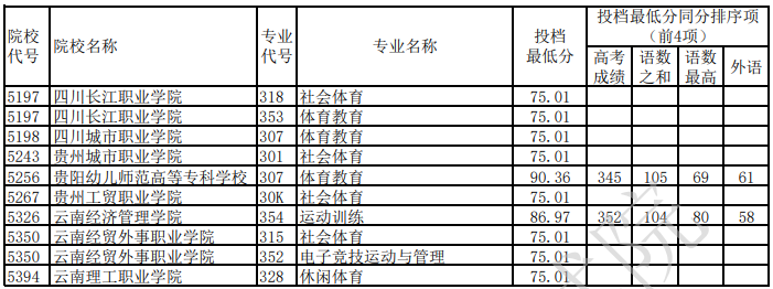 2023年重庆市普通高校招生信息表（体育高职专科批-体育类-首次征集）