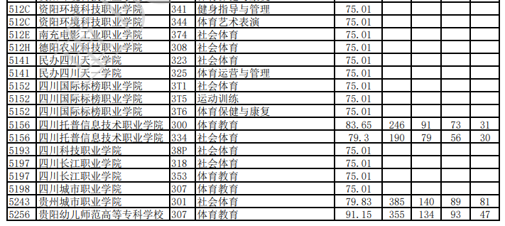2023年重庆市普通高校招生信息表（体育高职专科批-体育类-第二次征集）