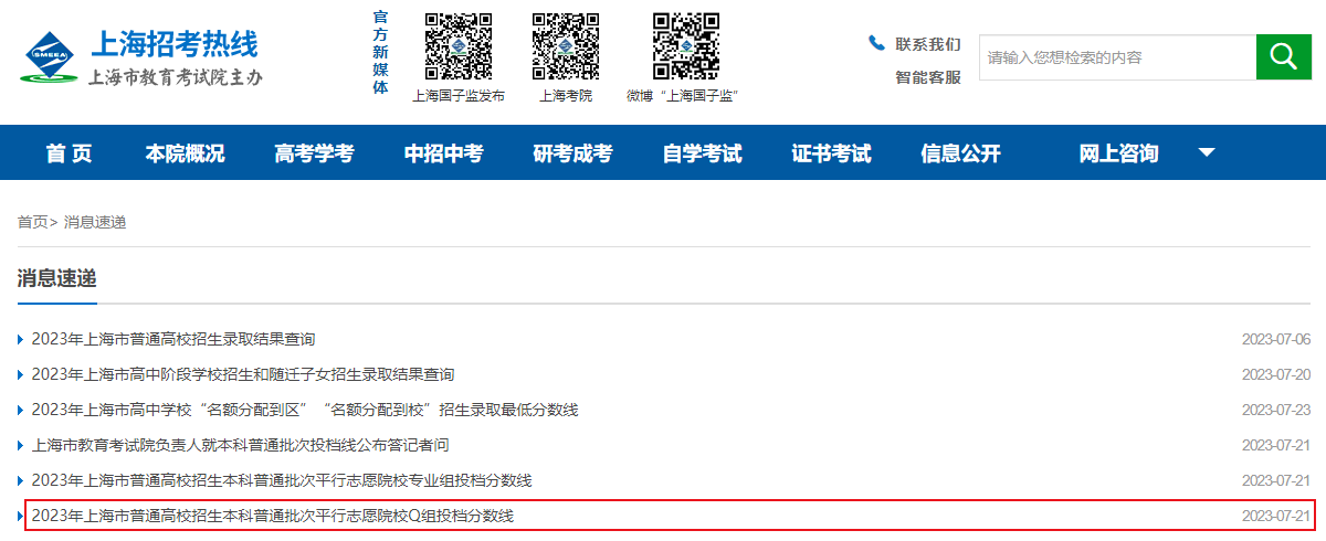 2023年上海市普通高校招生本科普通批次平行志愿院校Q组投档分数线