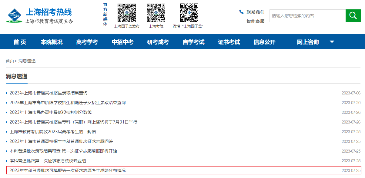 上海市2023年本科普通批次可填报第一次征求志愿考生成绩分布情况