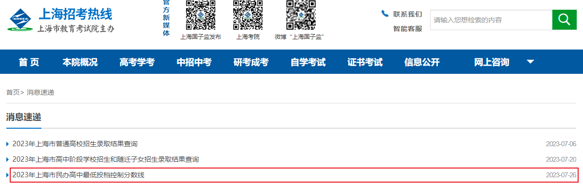 2023年上海市民办高中最低投档控制分数线