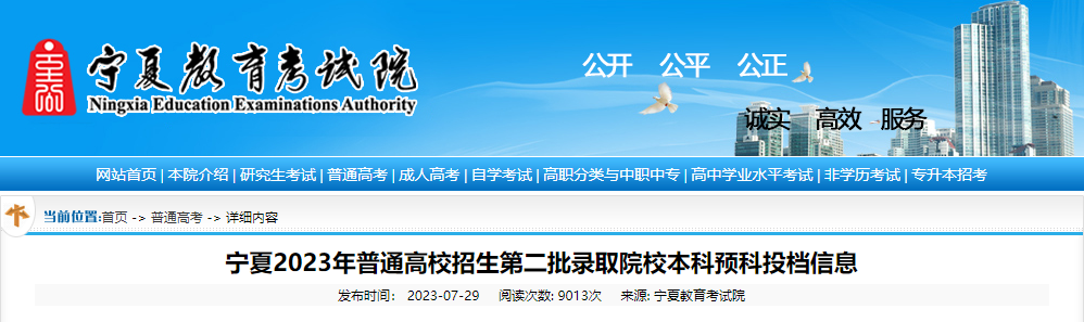 宁夏2023年普通高校招生第二批录取院校本科预科投档信息