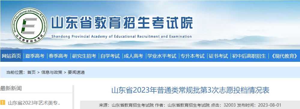 山东省2023年普通类常规批第3次志愿投档情况表