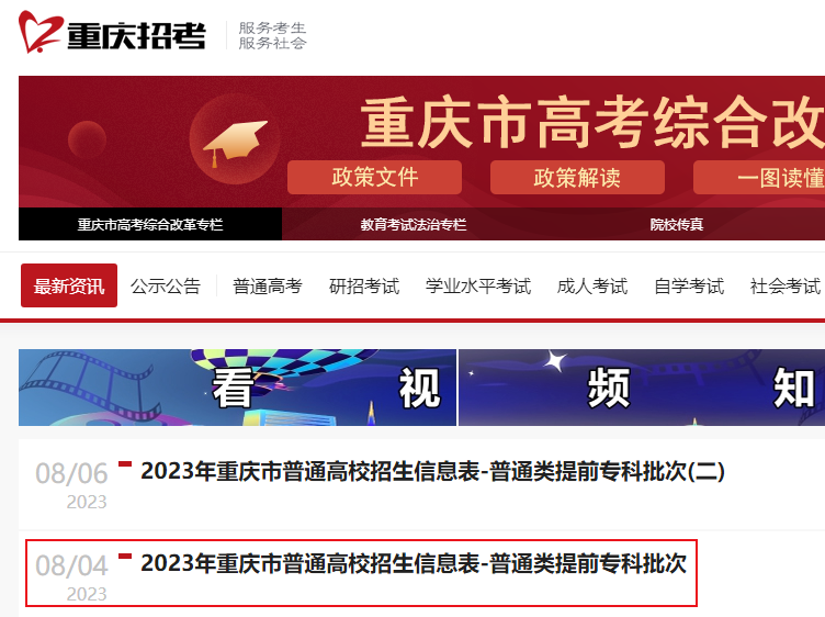2023年重庆市普通高校招生信息表（普通类提前专科批次）