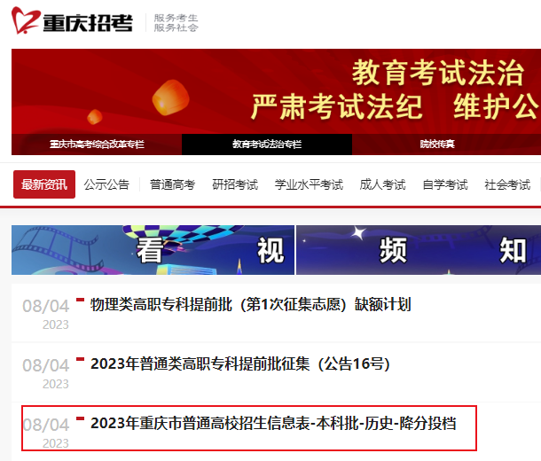 2023年重庆市普通高校招生信息表（本科批-历史-降分投档）