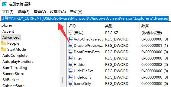 3、将该路径“计算机/HKEY_CURRENT_USER/Software/Microsoft/Windows/CurrentVersion/Explorer/Advanced”复制到注册表编辑器中。