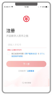 打开手机中下载好的＂数字人民币 app＂，进入注册页面后，输入参与活动登记的手机号码；