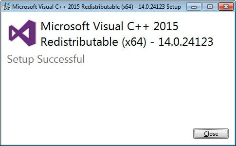 Microsoft Visual C++2015 可再发行组件 如果 Windows 提示您允许程序进行更改或继续，请单击 是 或允许按钮。 完成后，程序将显示一条消息，说明已成功安装。