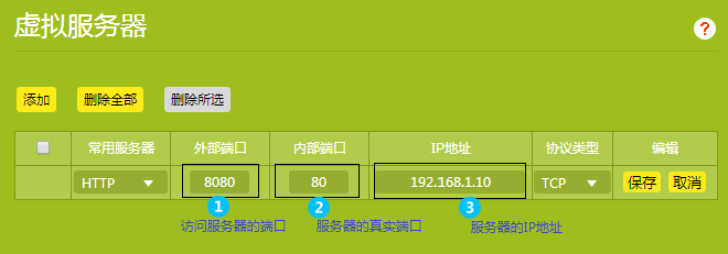 4、添加映射端口:输入需要映射的服务器:内部、外部访问端口的参数