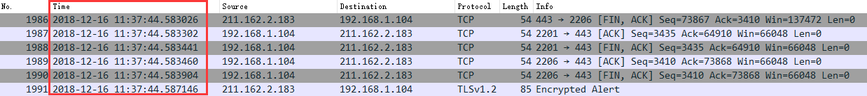 调整数据包列表中时间戳显示格式。调整方法为View -->Time Display Format --> Date and Time of Day。调整后格式如下: