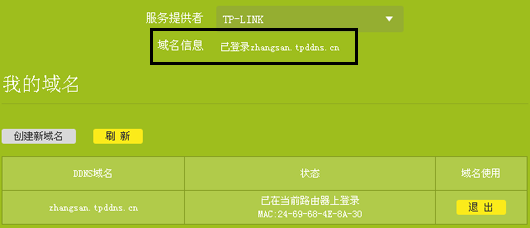 域名创建完成且自动登录该域名后，界面中会显示对应的域名地址
