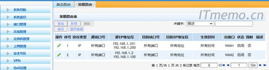 同理,配置普通用户区通过WAN2口上网即可。配置完成后,可看到设备WEB界面生成了两条策略路由,如下: