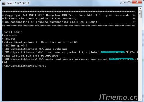 另外,不需要的端口映射可以删除,使用命令 undo nat server protocol tcp global 外网IP 外网端口