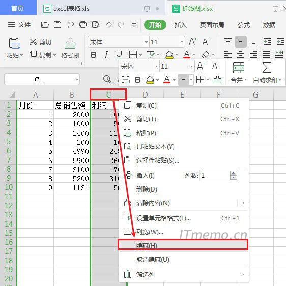 比如我们要隐藏excel表格C列数据，将鼠标选中C列整列数据，单击鼠标右键--隐藏，即可。
