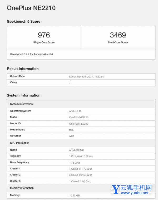 一加 10 Pro Geekbench 跑分信息