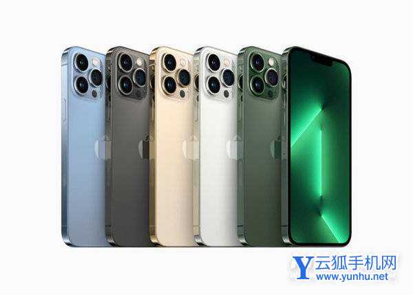 远峰蓝色、石墨色、金色、银色和全新苍岭绿色 iPhone 13 Pro。