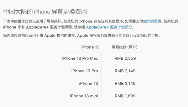 苹果 iPhone 13/mini/Pro/Pro Max 保外维修更换屏幕价格公布